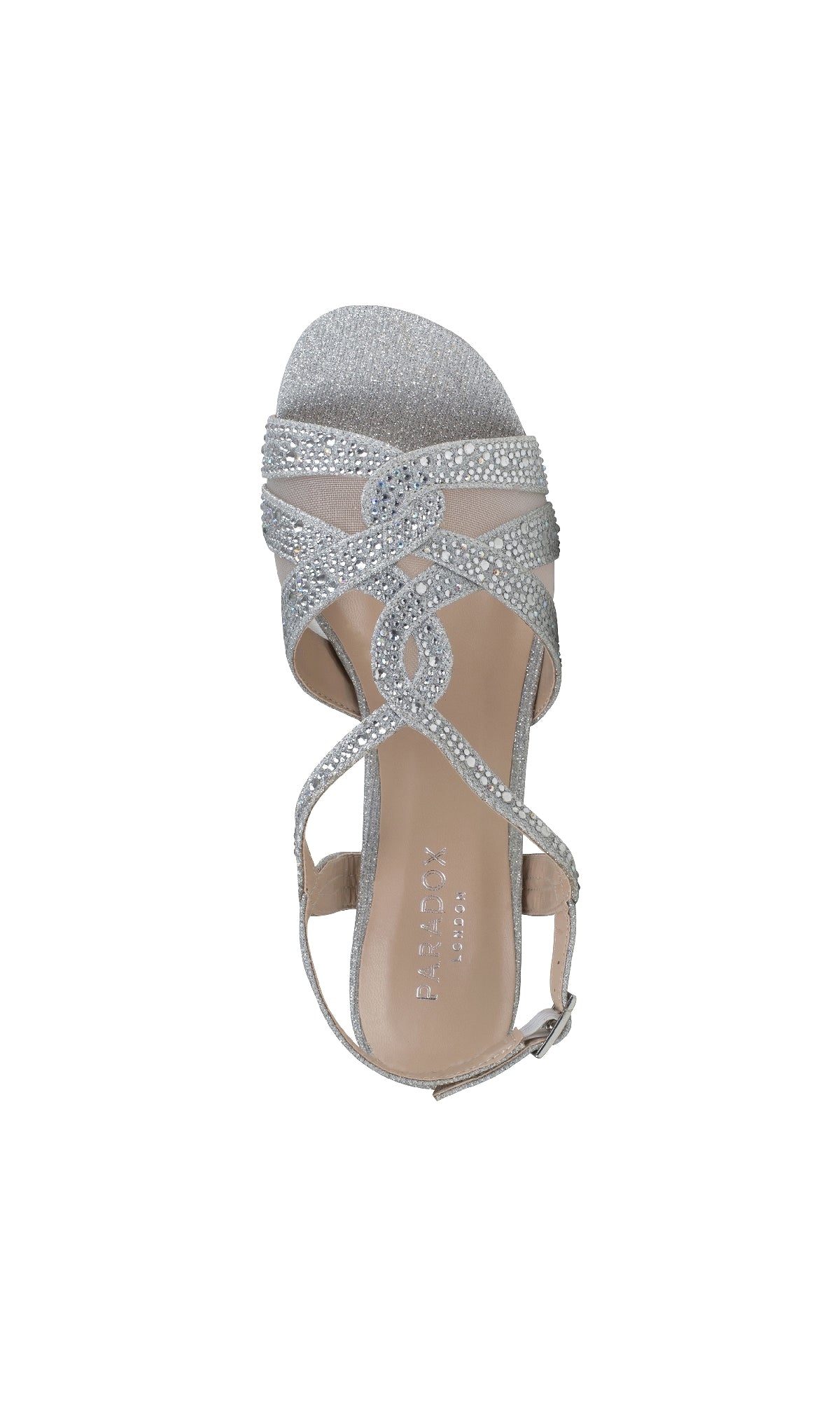 The Nadia Silver Prom Shoes (Paradox London P2208) feature sparkling rhinestone straps, a buckle, and an open toe—perfect silver shimmer sandals for prom, as seen from above.